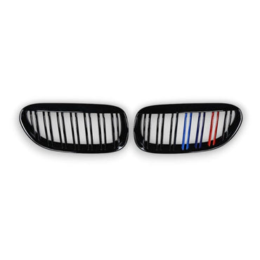 2005-2010 BMW 6-Series/M6 Dual Slat Kidney Grilles | E63/E64 Gloss Black with M Stripe Kidney Grilles