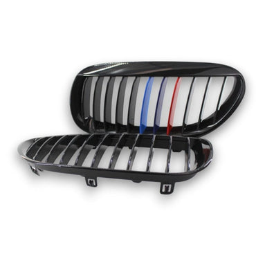 2005-2010 BMW 6-Series/M6 Single Slat Kidney Grilles | E63/E64 Gloss Black with M Stripe Kidney Grilles