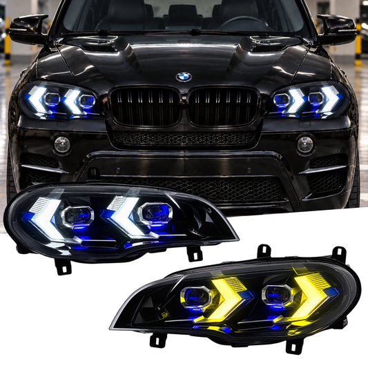2007-2013 BMW X5/X5M Yellow-White Snake Eye Style LED Headlights | E70