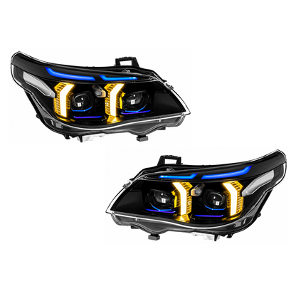 2004-2010 BMW 5-Series/M5 Yellow-White DRL Laser Snake Eye Style LED Headlights | E60/E61