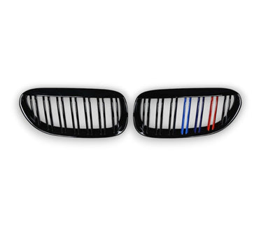 2005-2010 BMW 6-Series/M6 Dual Slat Kidney Grilles | E63/E64 Gloss Black with M Stripe Kidney Grilles