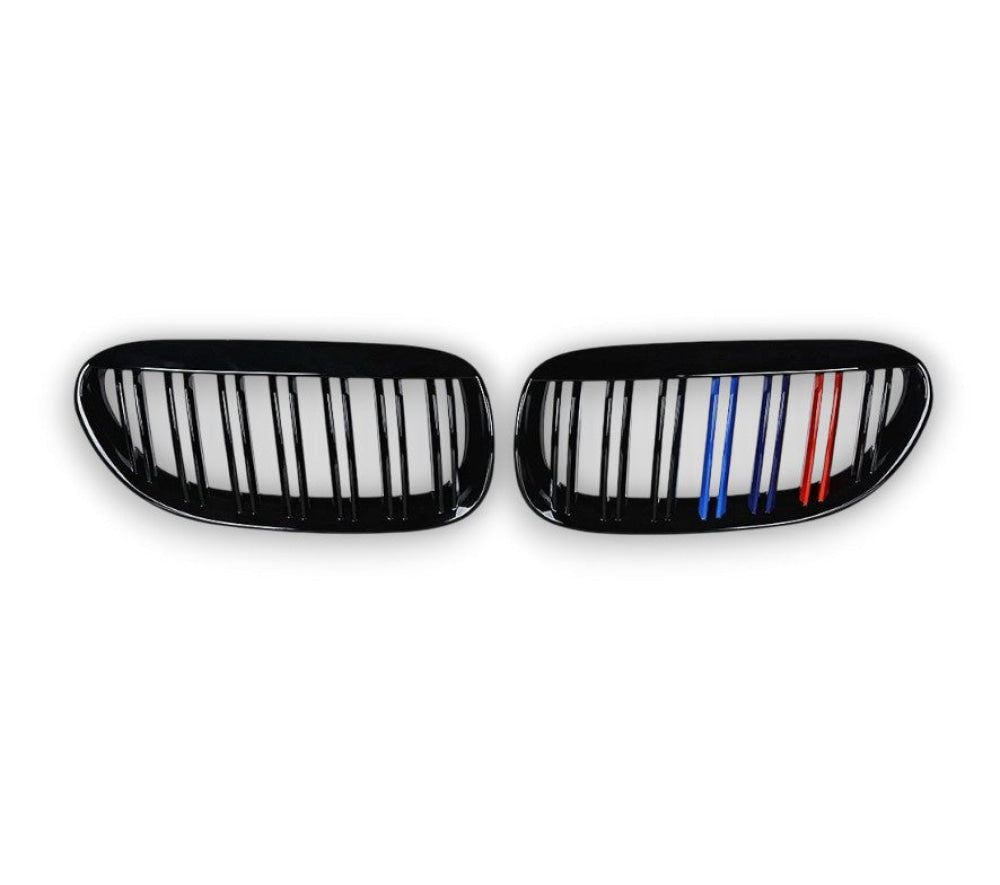2005-2010 BMW 6-Series/M6 Dual Slat Kidney Grilles | E63/E64 Gloss Black with M Stripe Kidney Grilles