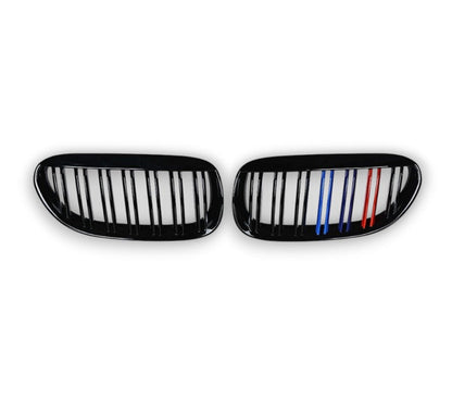 2005-2010 BMW 6-Series/M6 Dual Slat Kidney Grilles | E63/E64 Gloss Black with M Stripe Kidney Grilles