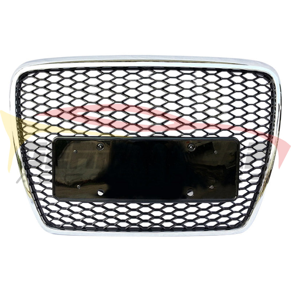 2005-2011 Audi Rs6 Style Honeycomb Grille | C6 A6/S6 Chrome Silver Frame Black Mesh Front Grilles