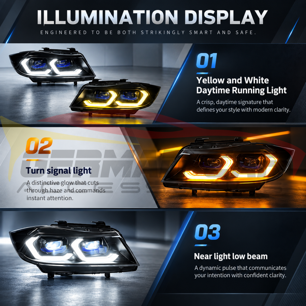 2005-2012 BMW 3-Series/M3 Yellow-White DRL Ikon Style LED Headlights | E90/E91 - Headlights