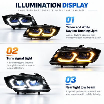 2005-2012 BMW 3-Series/M3 Yellow-White DRL Ikon Style LED Headlights | E90/E91
