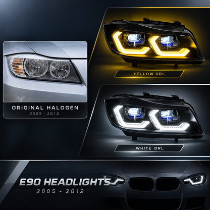 2005-2012 BMW 3-Series/M3 Yellow-White DRL Ikon Style LED Headlights | E90/E91 - Halogen Headlight 2005-2012