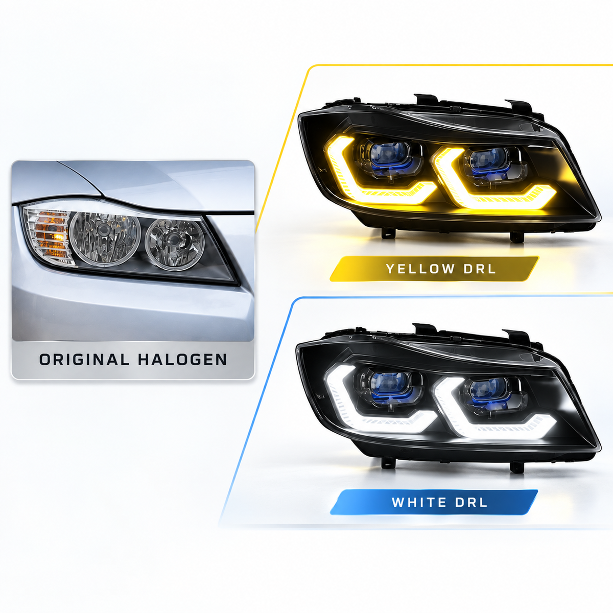 2005-2012 BMW 3-Series/M3 Yellow-White DRL Ikon Style LED Headlights | E90/E91