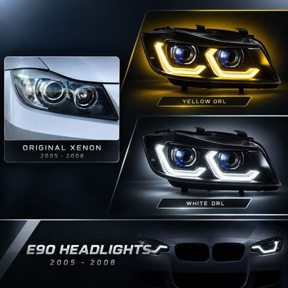 2005-2012 BMW 3-Series/M3 Yellow-White DRL Ikon Style LED Headlights | E90/E91 - Xenon Headlight 2005-2008 - Headlights