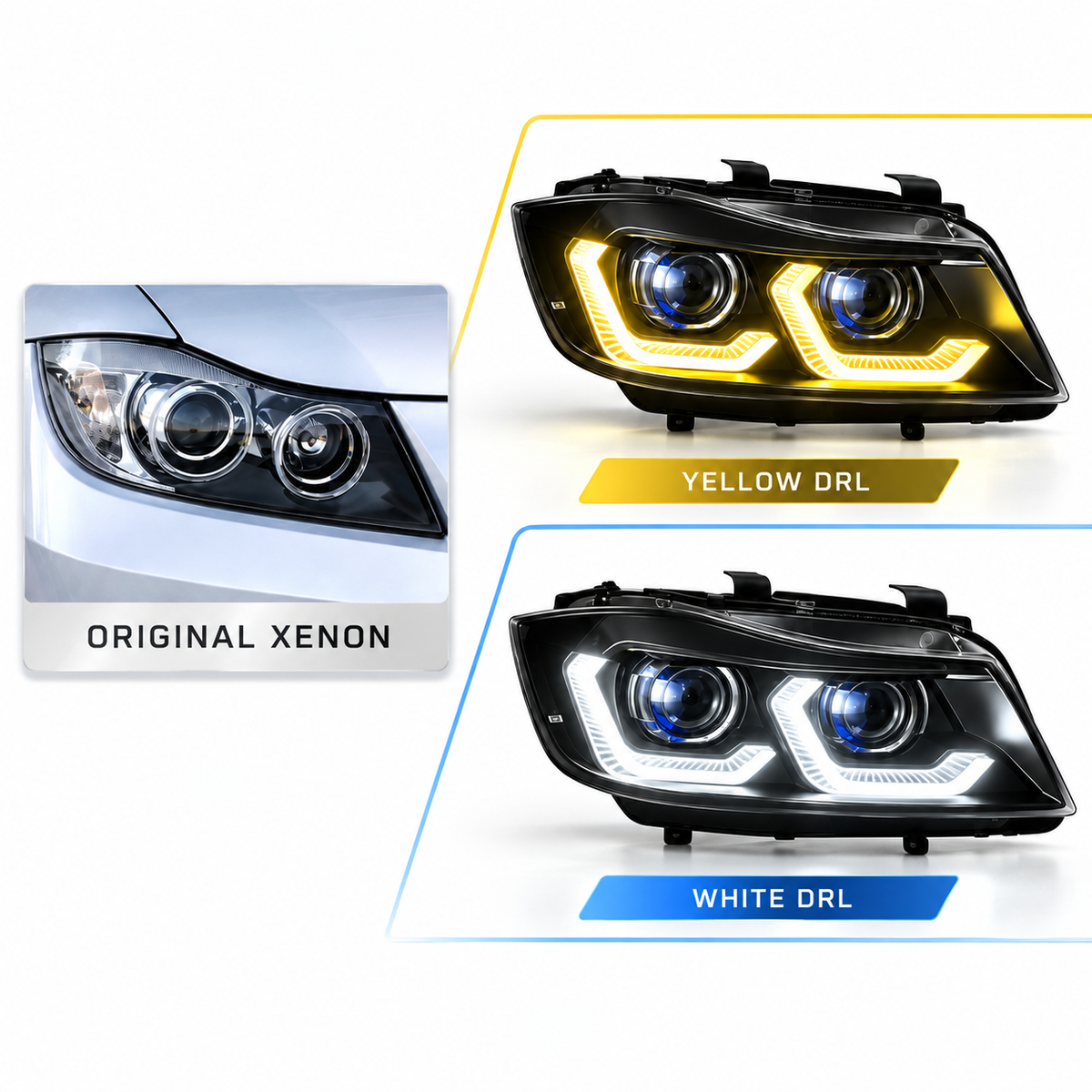 2005-2012 BMW 3-Series/M3 Yellow-White DRL Ikon Style LED Headlights | E90/E91