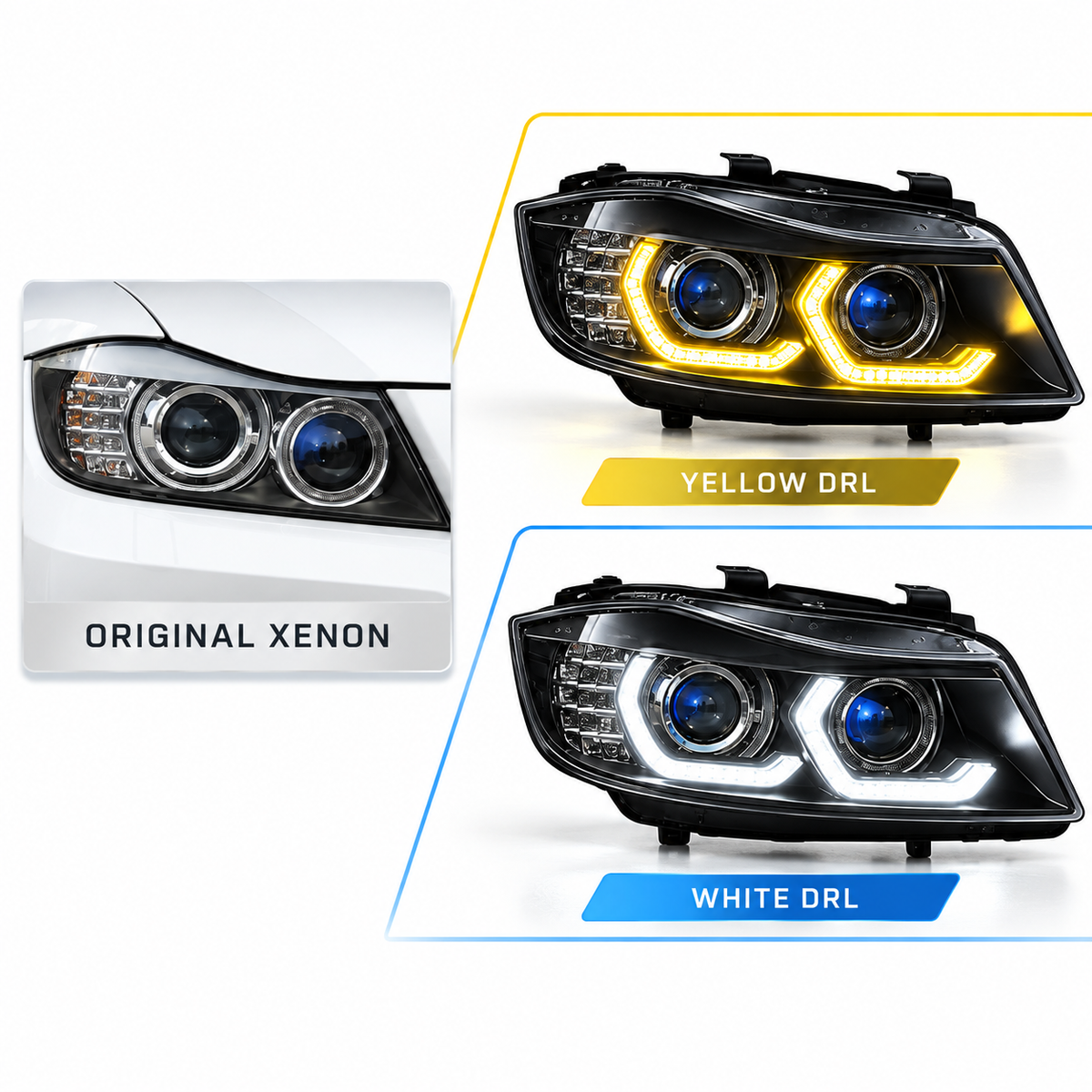 2005-2012 BMW 3-Series/M3 Yellow-White DRL Ikon Style LED Headlights | E90/E91