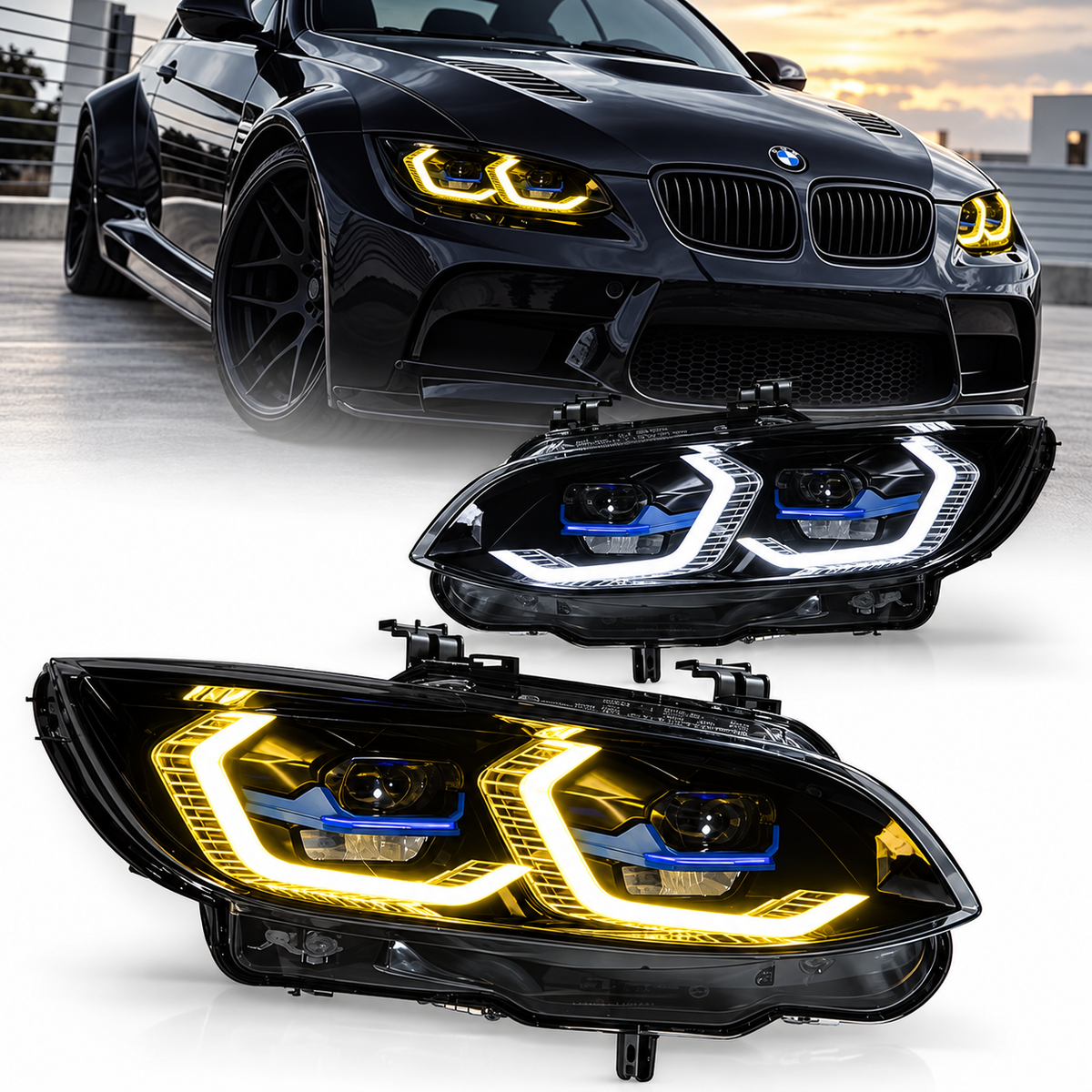 2006-2010 BMW 3-Series/M3 Yellow-White DRL Ikon Style Headlights | E92/E93 Pre-LCI