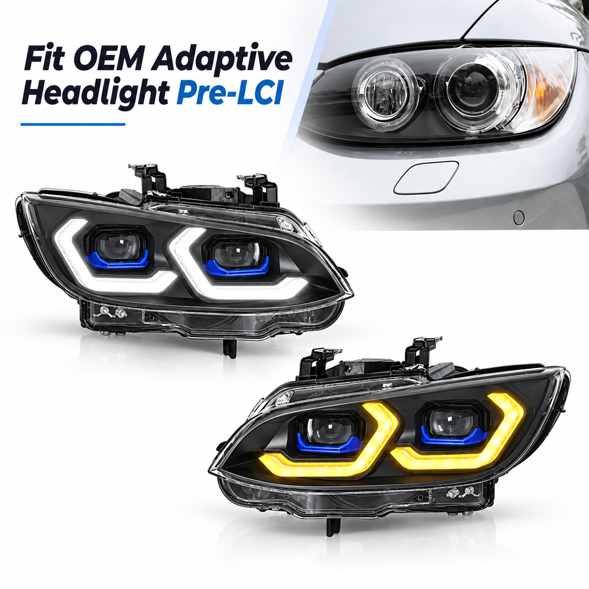 2006-2010 BMW 3-Series/M3 Yellow-White DRL Ikon Style Headlights | E92/E93 Pre-LCI