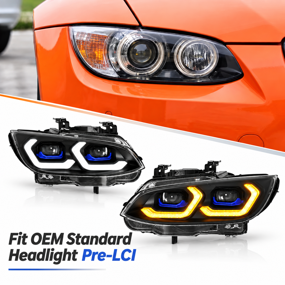 2006-2010 BMW 3-Series/M3 Yellow-White DRL Ikon Style Headlights | E92/E93 Pre-LCI