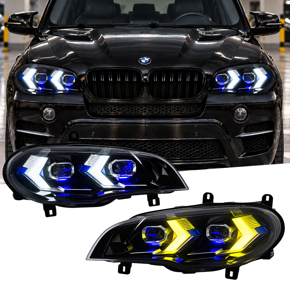 2007-2013 BMW X5/X5M Yellow-White Snake Eye Style LED Headlights | E70