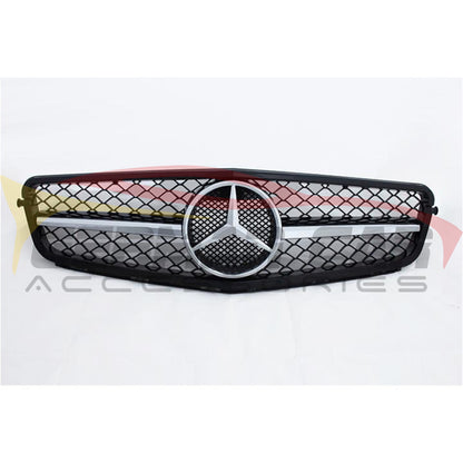 2008-2014 Mercedes-Benz C-Class Amg Style Front Grille | W204 Gloss Black Frame Chrome Silver Middle