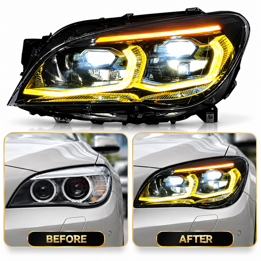 2009-2015 BMW 7-Series Yellow-White DRL G12 Style LED Headlights | F01/F02 - Standard Bi-Xenon Headlights 2013-2015