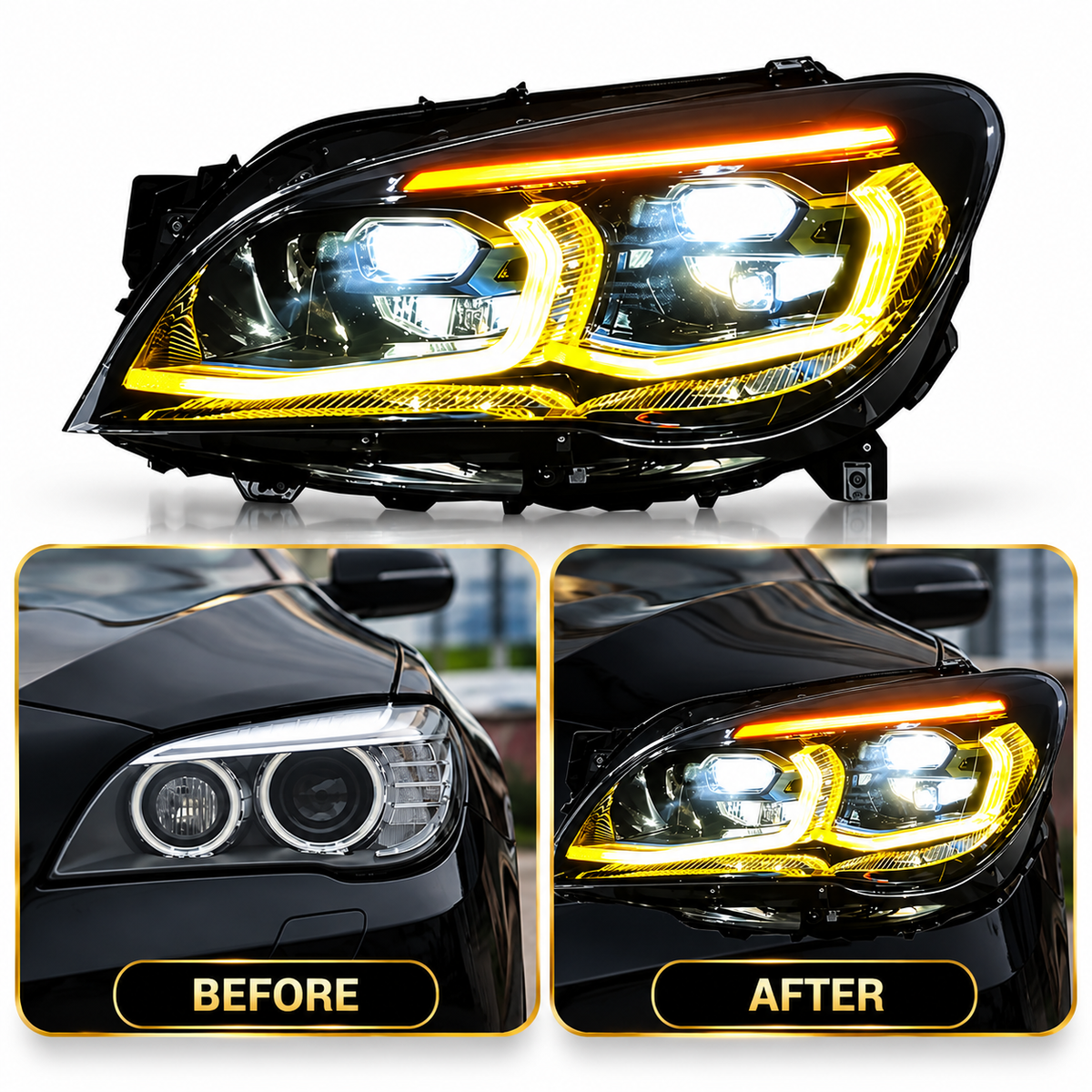 2009-2015 BMW 7-Series Yellow-White DRL G12 Style LED Headlights | F01/F02