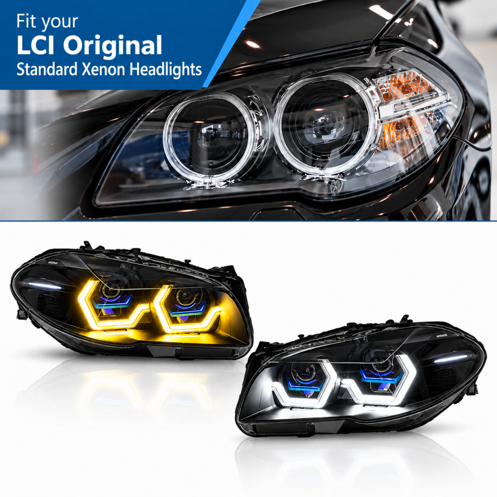2011-2016 BMW M5/5-Series Yellow-White DRL Laser Style Headlights | F10 - LCI (2014-2016) Standard Xenon - Headlights