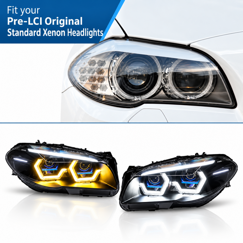 2011-2016 BMW M5/5-Series Yellow-White DRL Laser Style Headlights | F10 - Pre-LCI (2010-2013) Standard Xenon