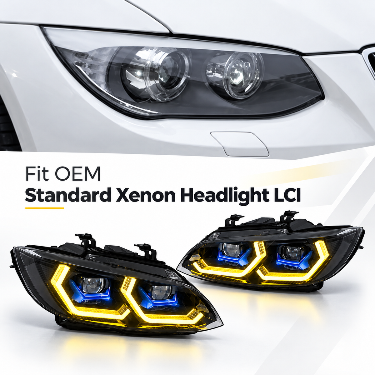 2011-2013 BMW 3-Series/M3 Yellow-White DRL Ikon Style Headlights | E92/E93 LCI