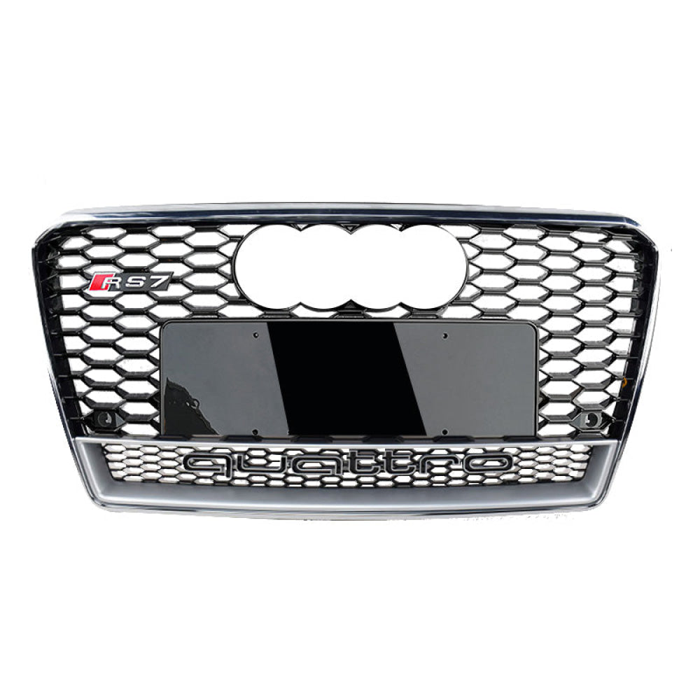 2012-2015 Audi Rs7 Honeycomb Grille With Quattro In Lower Mesh | C7 A7/s7 Chrome Silver Frame Black