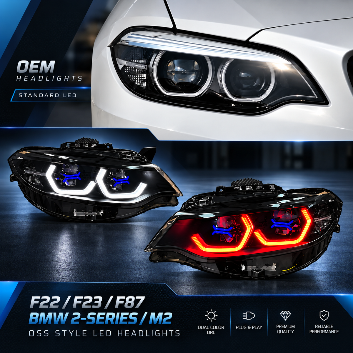 2014-2021 BMW 2-Series/M2 OSS Style LED Headlights | F22/F23/F87