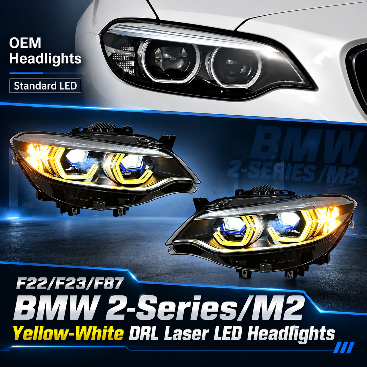 2014-2021 BMW 2-Series/M2 Yellow-White DRL Laser LED Headlights | F22/F23/F87