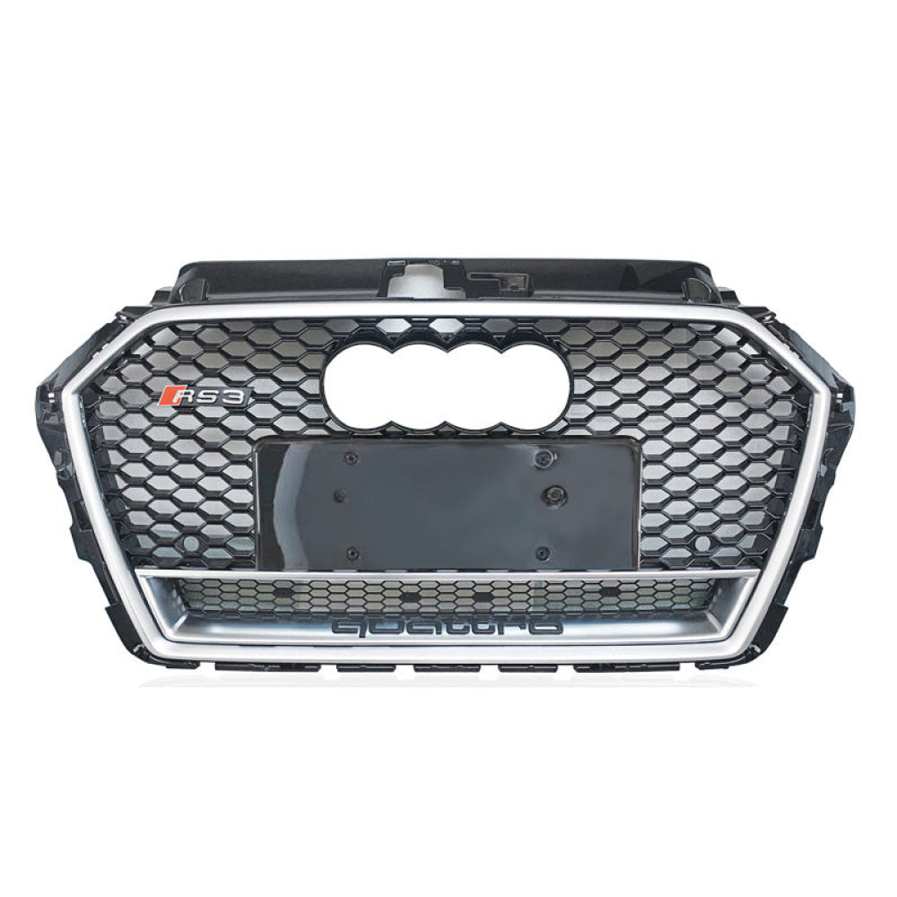 2017-2020 Audi Rs3 Honeycomb Grille With Lower Mesh | 8V.5 A3/s3 Silver Frame Black Net Emblem /