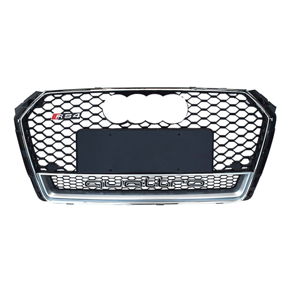 2017-2020 Audi Rs4 Honeycomb Grille With Quattro In Lower Mesh | B9 A4/s4 Chrome Silver Frame Black