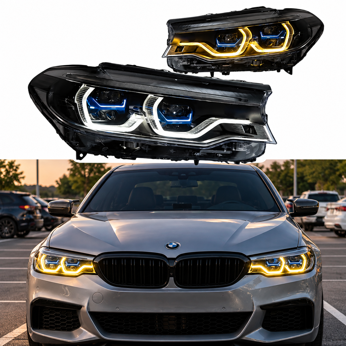 2017-2020 BMW 5-Series/M5 Yellow-White DRL Ikon Style LED Headlights | G30/F90 Pre-LCI