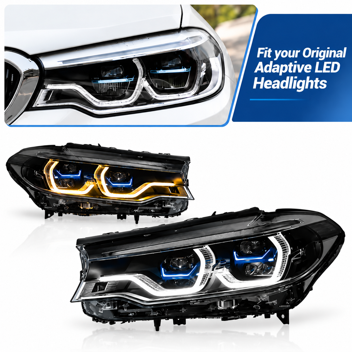 2017-2020 BMW 5-Series/M5 Yellow-White DRL Ikon Style LED Headlights | G30/F90 Pre-LCI