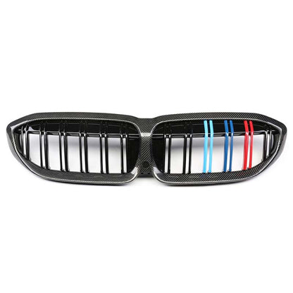 2019+ Bmw 3-Series Dual Slat Kidney Grilles | G20 Carbon Fiber With M Stripe