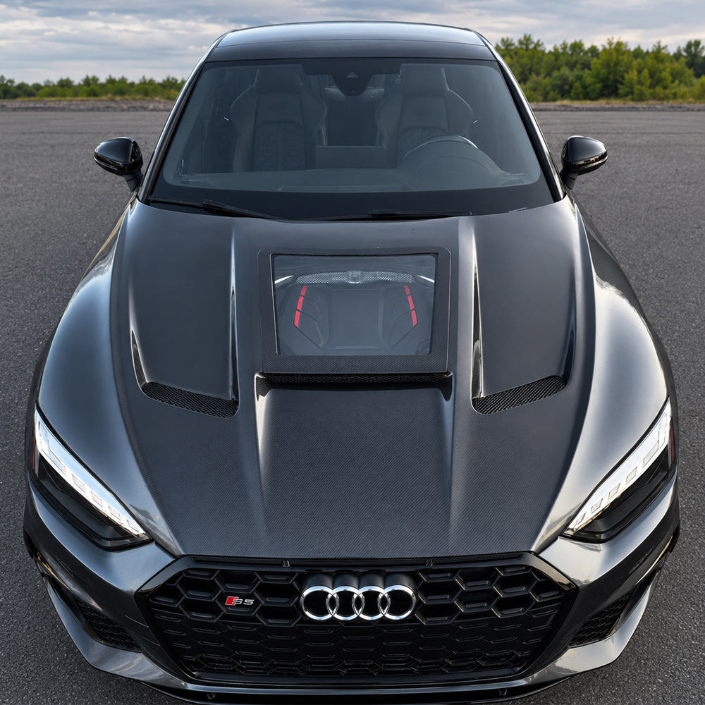 2018-2024 Audi A5/S5/RS5 Glass Engine Cover V3 Carbon Fiber Hood | B9/B9.5