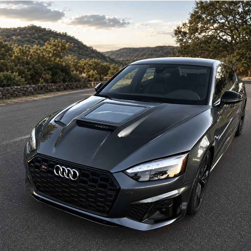 2018-2024 Audi A5/S5/RS5 Glass Engine Cover V3 Carbon Fiber Hood | B9/B9.5
