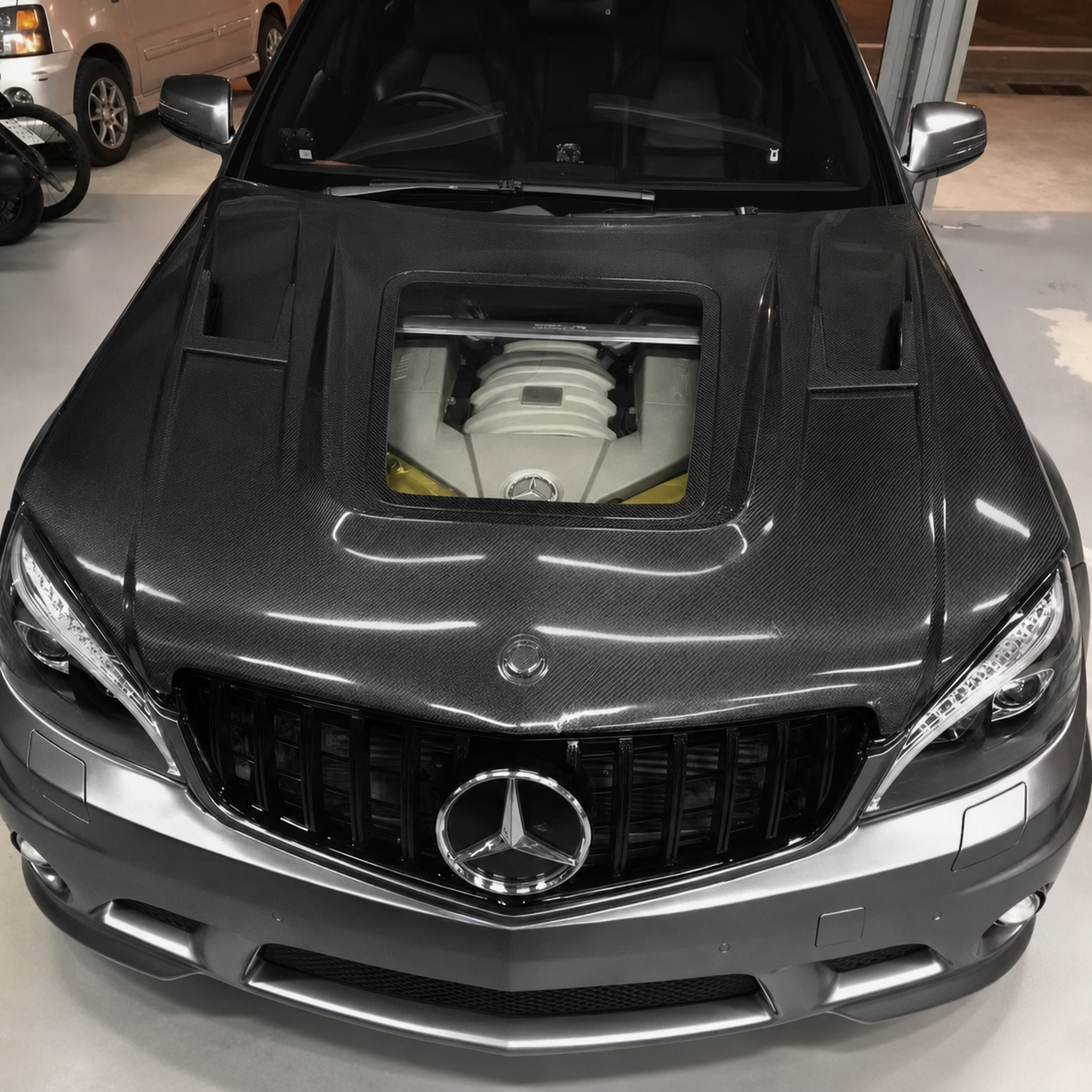 2008-2011 Mercedes C63 AMG Glass Engine Cover Carbon Fiber Hood | W204/C204