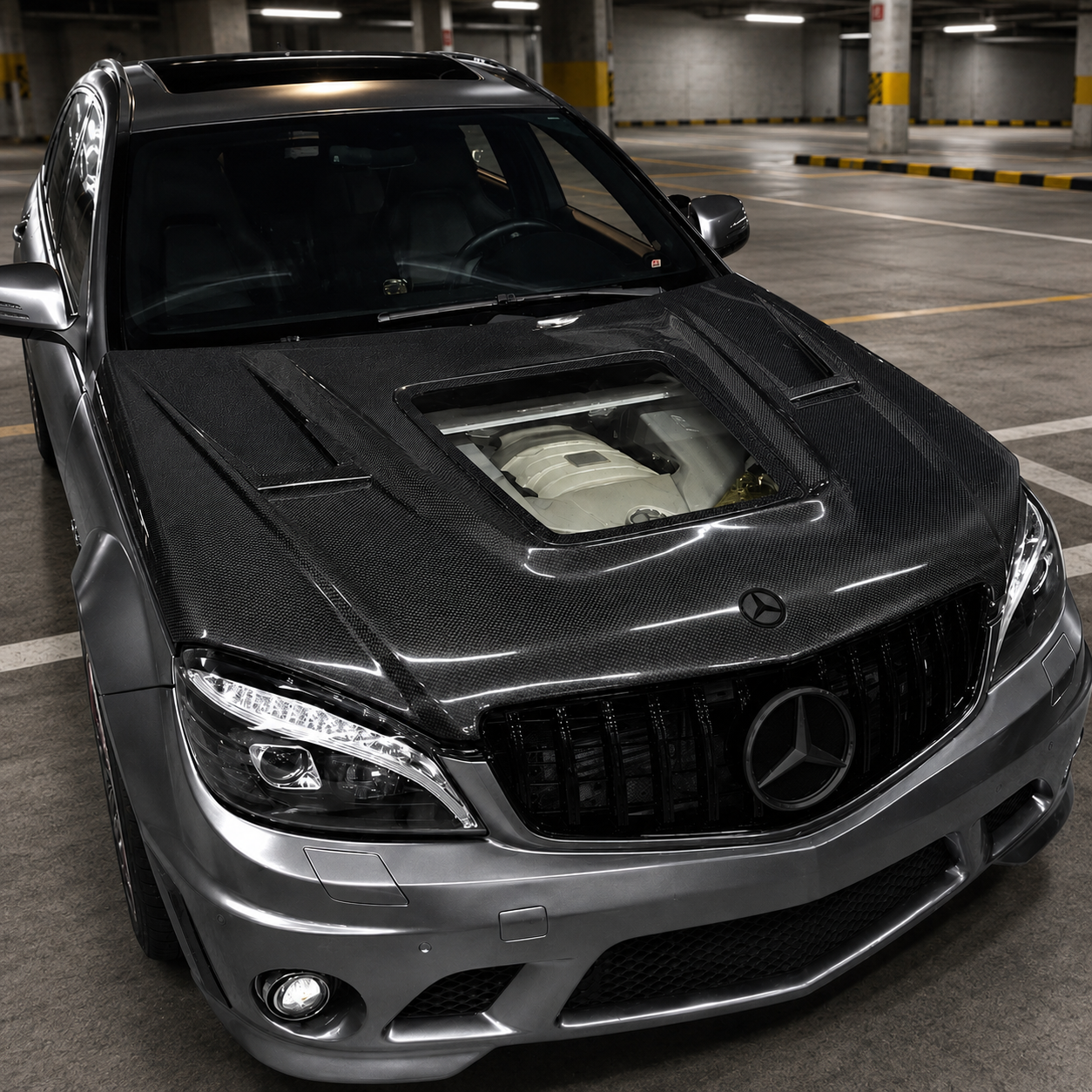 2008-2011 Mercedes C63 AMG Glass Engine Cover Carbon Fiber Hood | W204/C204