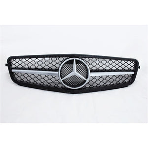 2008-2014 Mercedes-Benz C-Class Amg Style Front Grille | W204 Gloss Black Frame Chrome Silver Middle