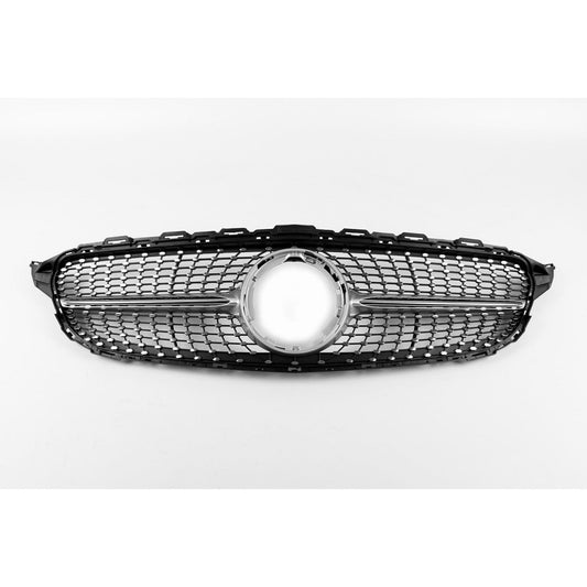 2015-2018 Mercedes-Benz C-Class Diamond Style Front Grille | W205 Chrome Silver / Yes Camera